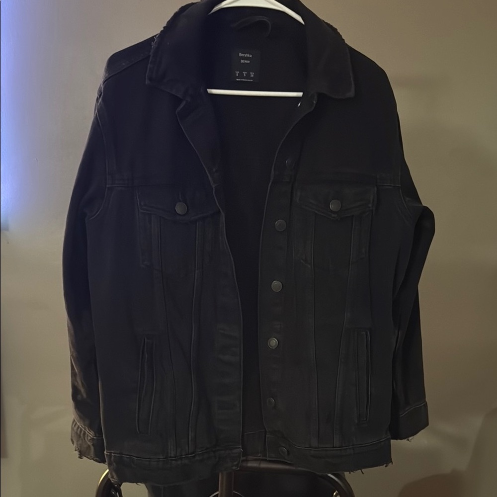 Bershka Black Oversized Distressed Denim Jacket